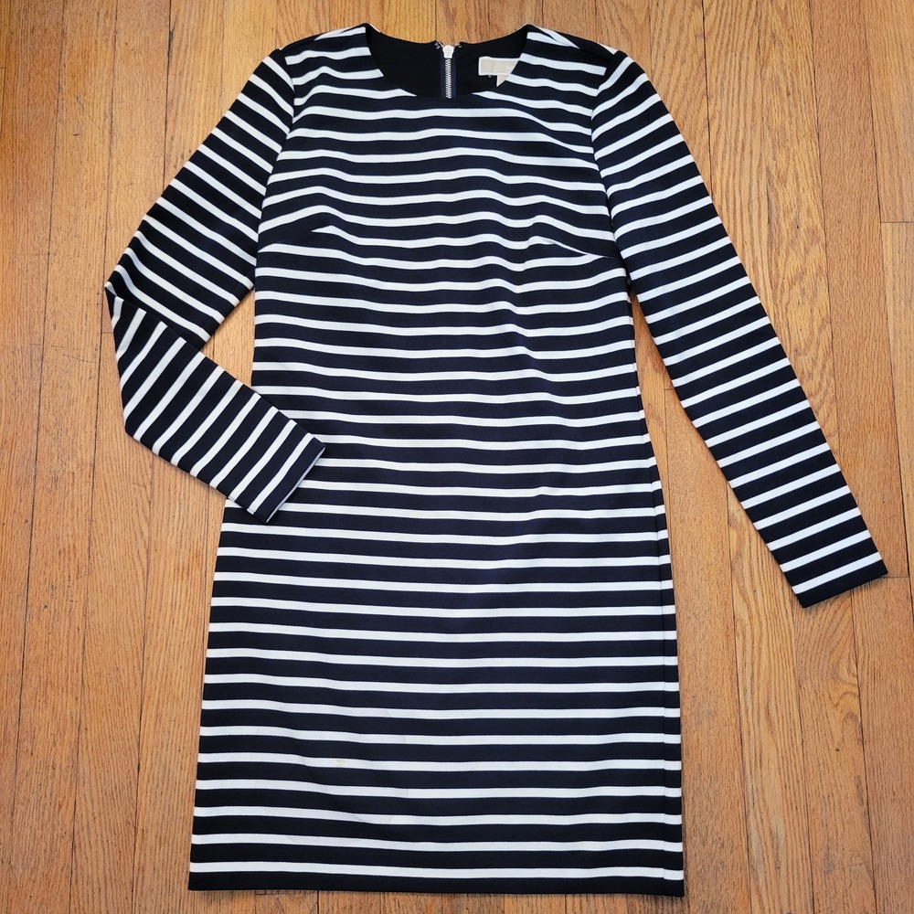 Michael Kors S Sheath Dress Navy White Stripe Long Sleeve Zipper‎ Back Nautical